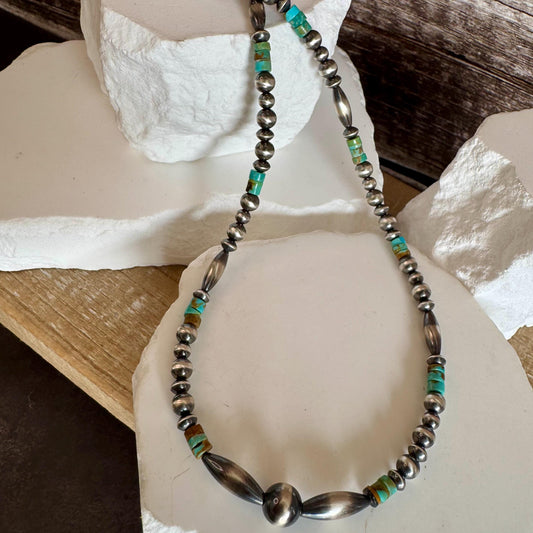 Navajo Pearl and Kingman Turquoise Necklace, Blue Green Turquoise, Authentic Native Sterling Necklace, Choker Necklace, Southwest Necklace
