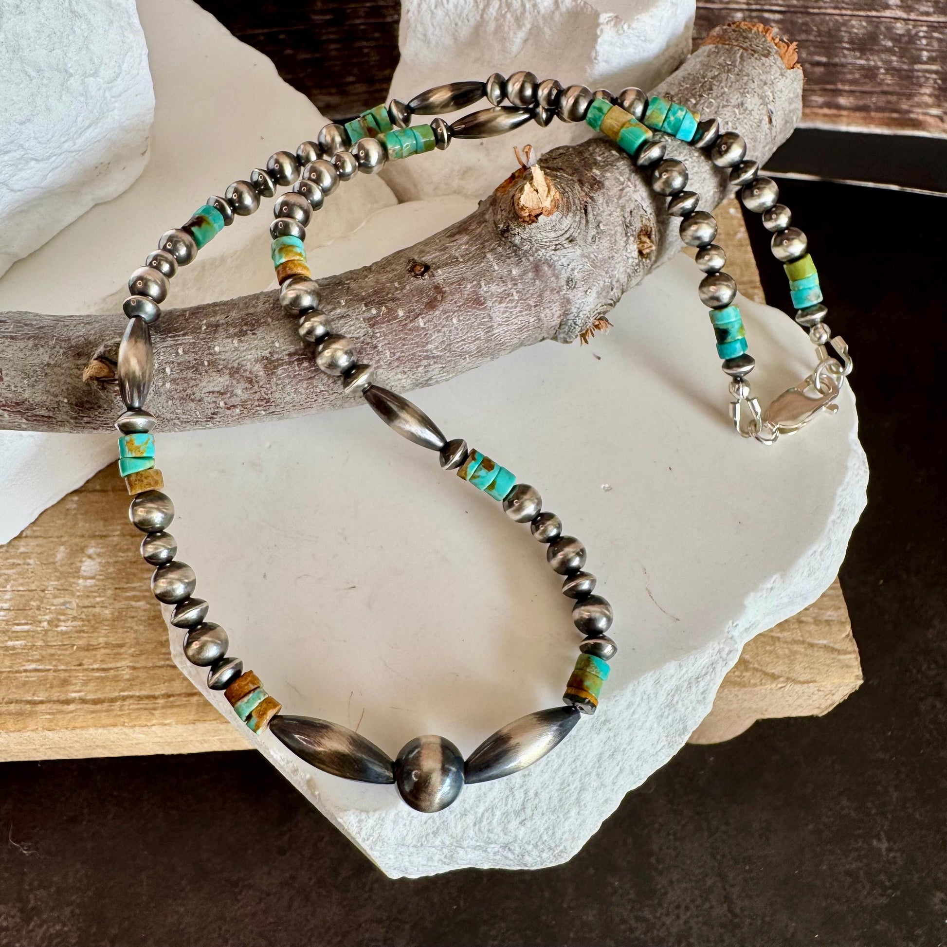 Navajo Pearl and Kingman Turquoise Necklace, Blue Green Turquoise, Authentic Native Sterling Necklace, Choker Necklace, Southwest Necklace