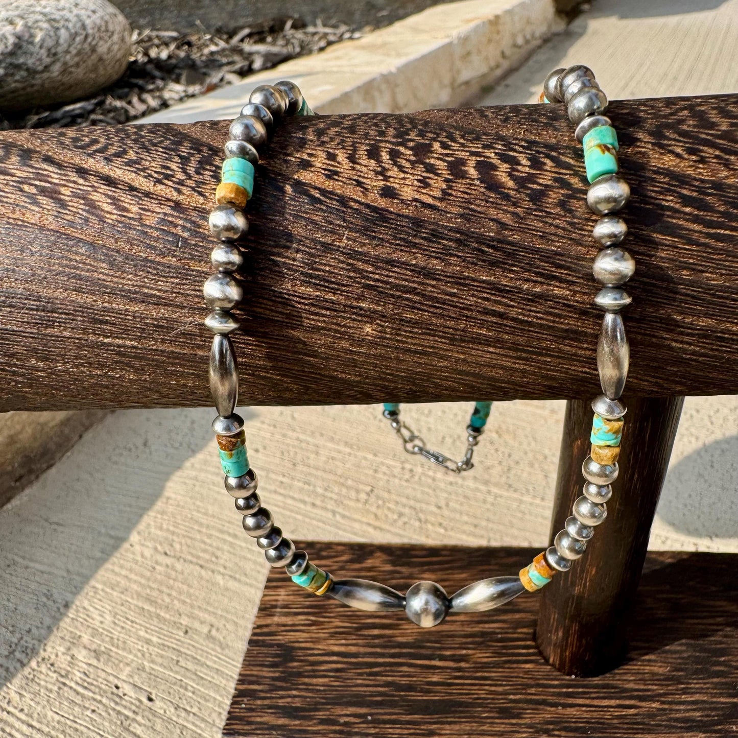 Navajo Pearl and Kingman Turquoise Necklace, Blue Green Turquoise, Authentic Native Sterling Necklace, Choker Necklace, Southwest Necklace