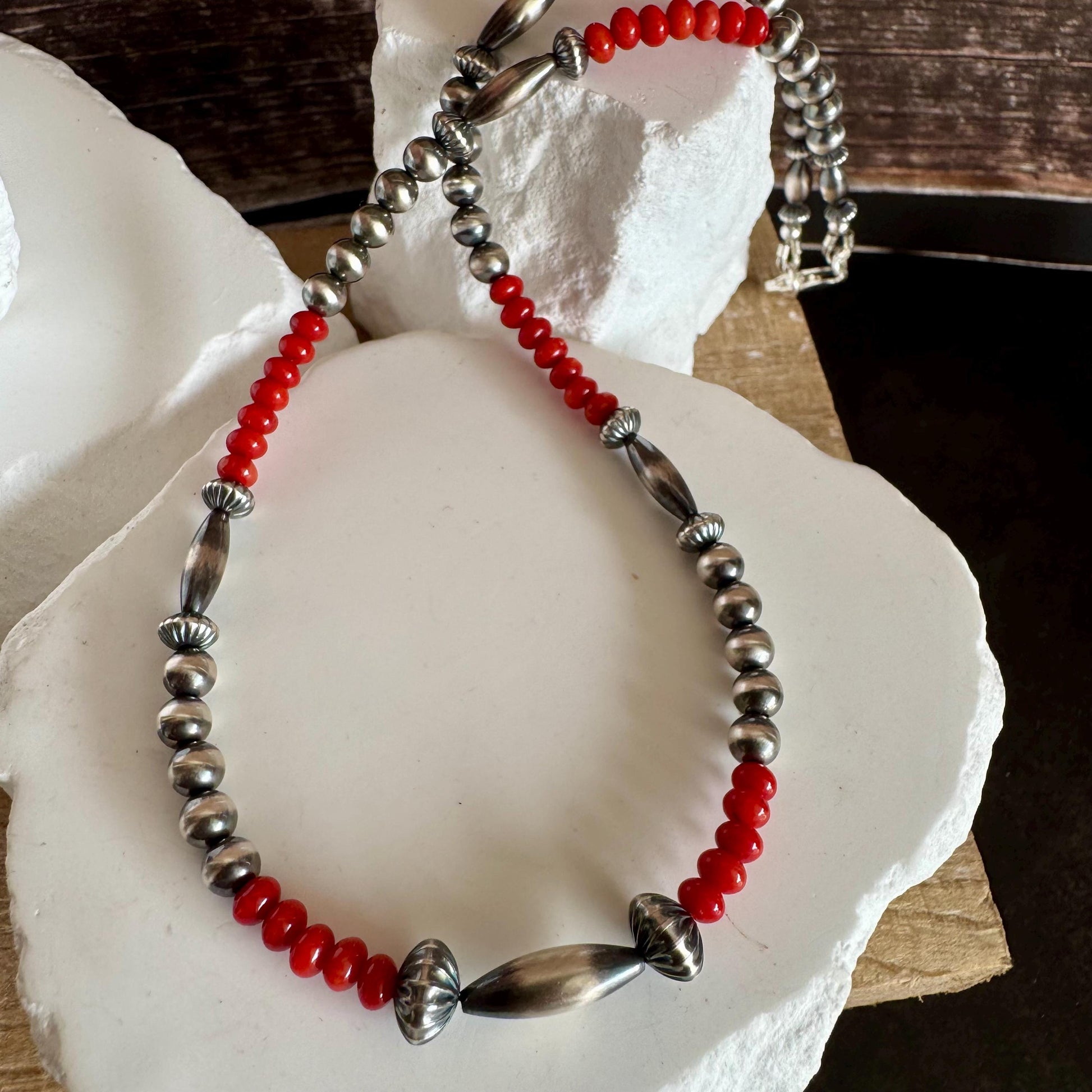 Navajo Pearl with Red Bamboo Coral Necklace, Gemstone Beaded Choker, Sterling Silver Necklace, Southwest Jewelry, Authentic Native Necklace