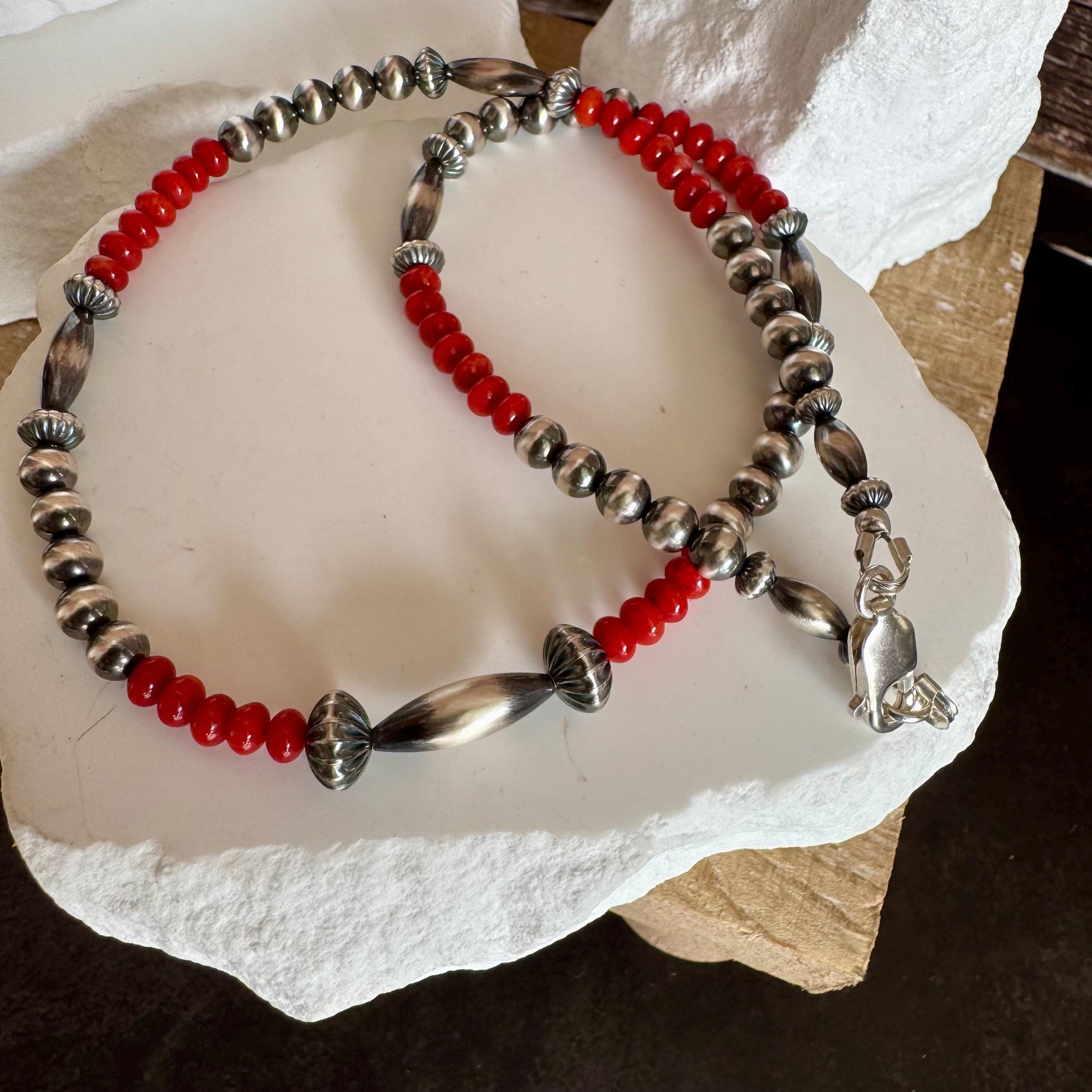Navajo Pearl with Red Bamboo Coral Necklace, Gemstone Beaded Choker, Sterling Silver Necklace, Southwest Jewelry, Authentic Native Necklace