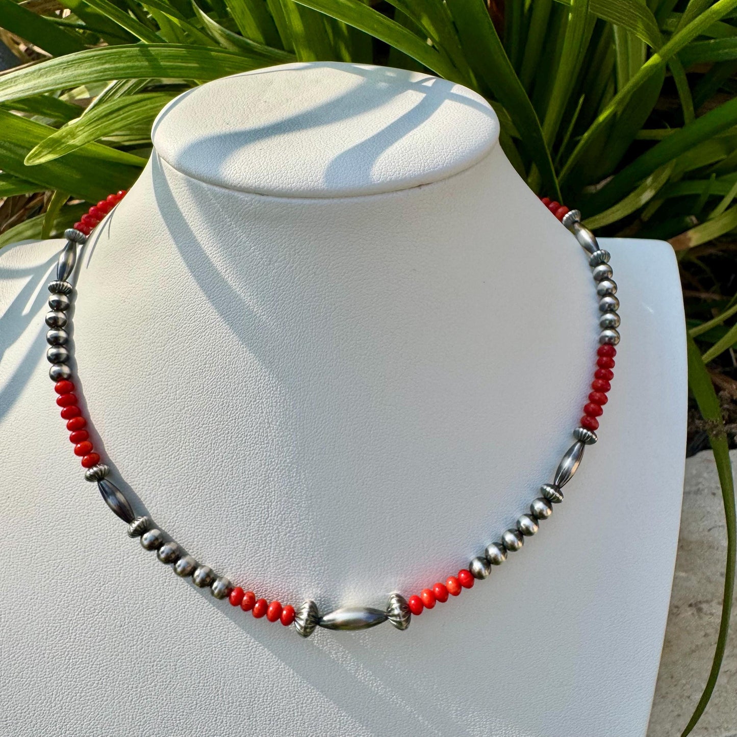 Navajo Pearl with Red Bamboo Coral Necklace, Gemstone Beaded Choker, Sterling Silver Necklace, Southwest Jewelry, Authentic Native Necklace