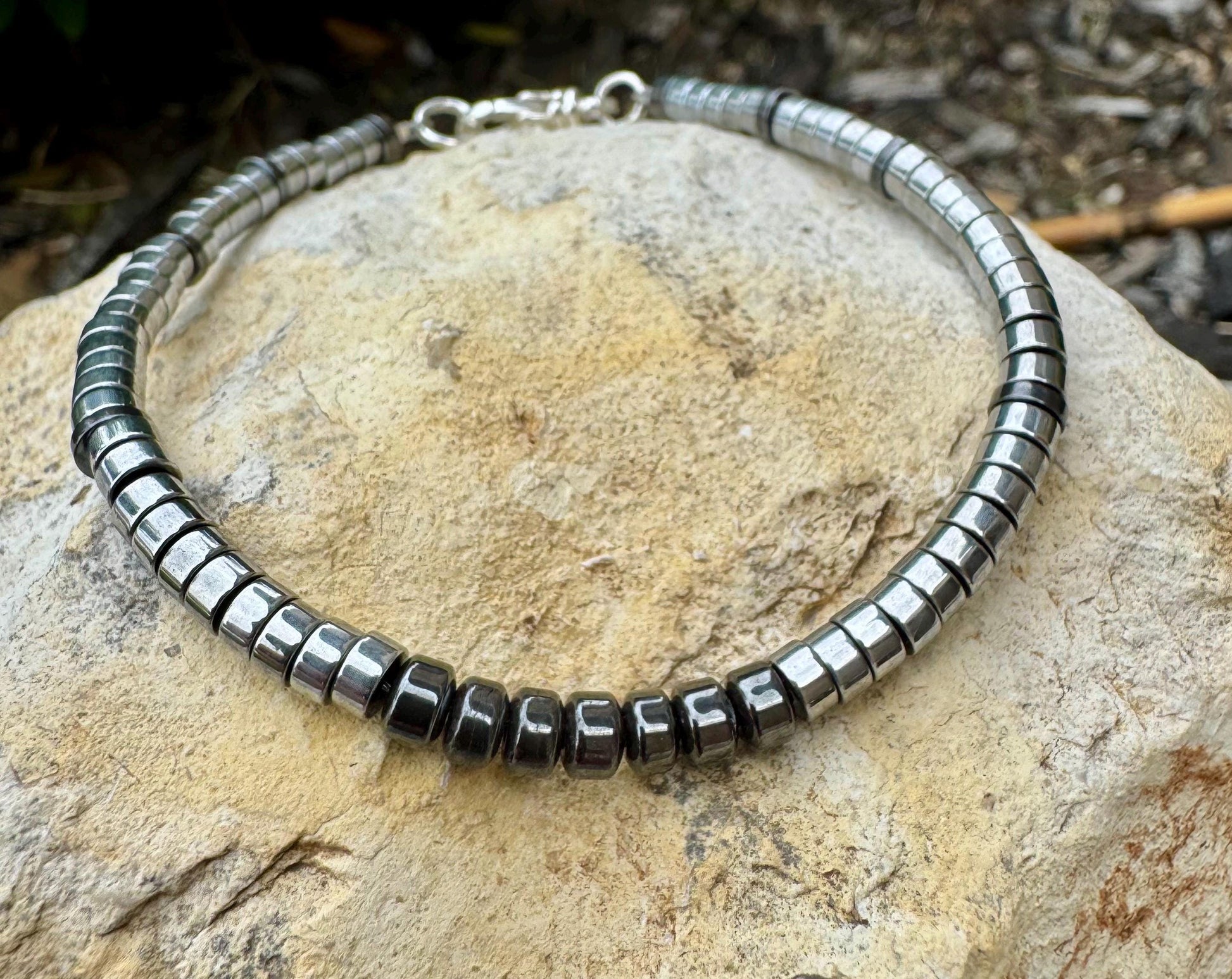 Hematite Sterling Silver Gemstone Bracelet, Hematite Beaded Bracelet, Silver Bracelet, Gemstone Jewelry, Gift Idea