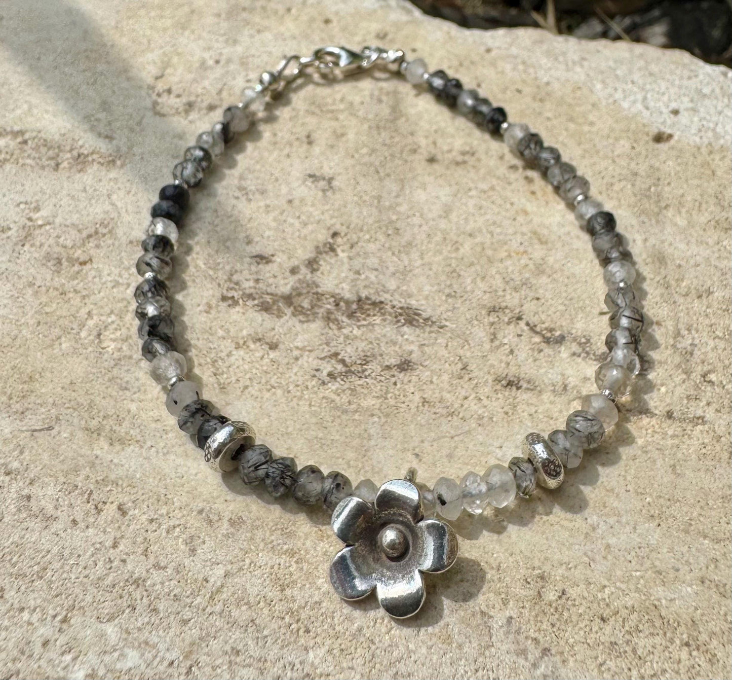 Black Tourmaline Rutilated Quartz bracelet / Tourmaline sterling silver gemstone bracelet