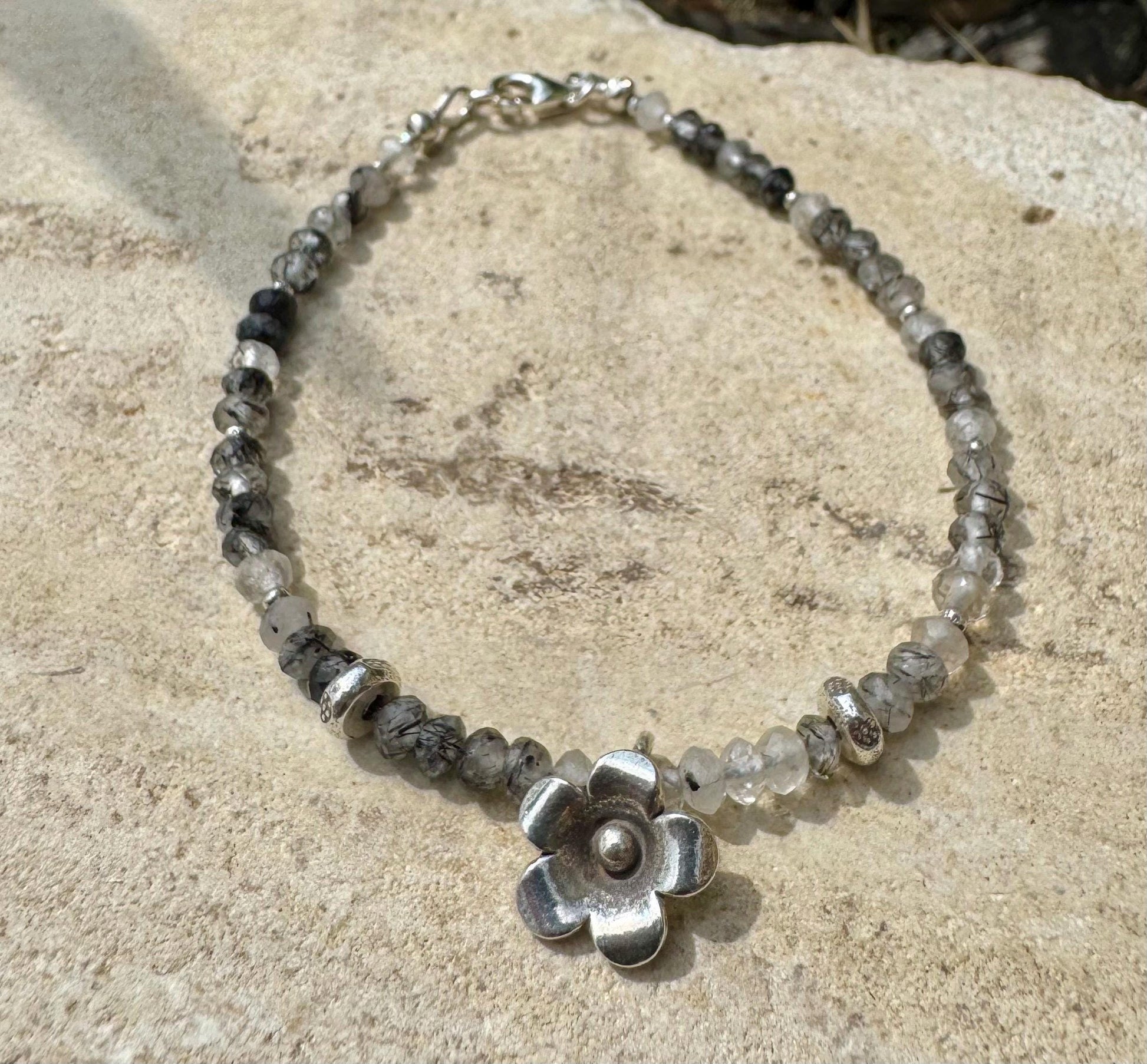 Black Tourmaline Rutilated Quartz bracelet / Tourmaline sterling silver gemstone bracelet