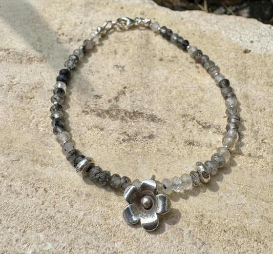 Black Tourmaline Rutilated Quartz bracelet / Tourmaline sterling silver gemstone bracelet