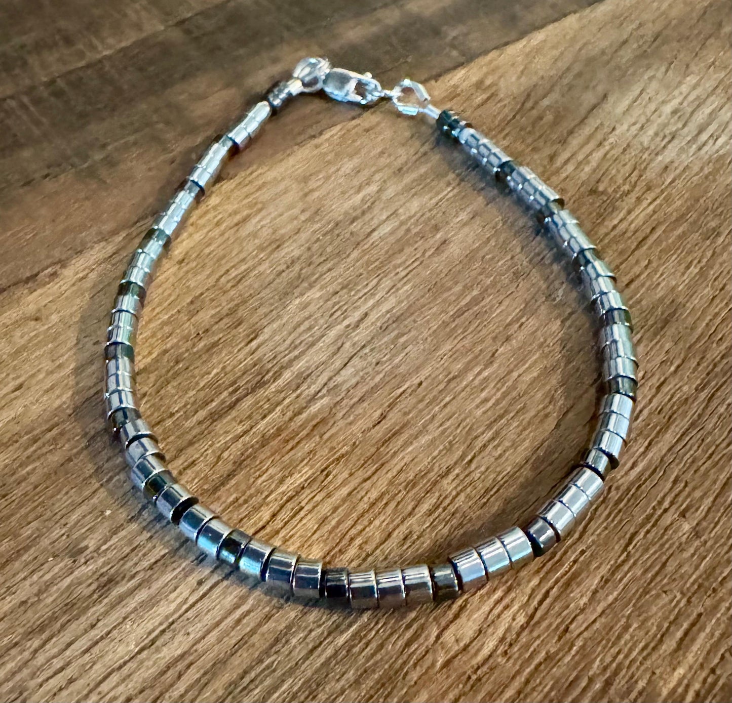 Hematite Sterling Silver Gemstone Bracelet, Beaded Hematite Bracelet, Mens Jewelry, Gift For Him, Healing Bracelet