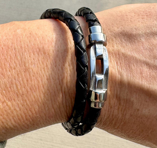 Braided leather bracelet with magnetic closure/ stainless steel shackle double wrap genuine leather bracelet