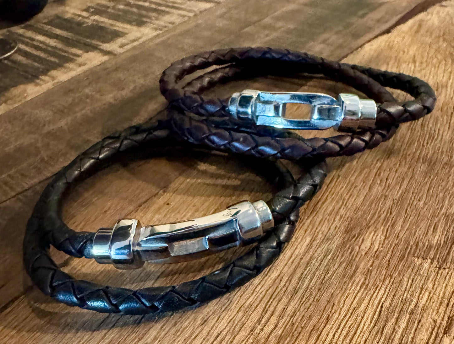 Braided leather bracelet with magnetic closure/ stainless steel shackle double wrap genuine leather bracelet