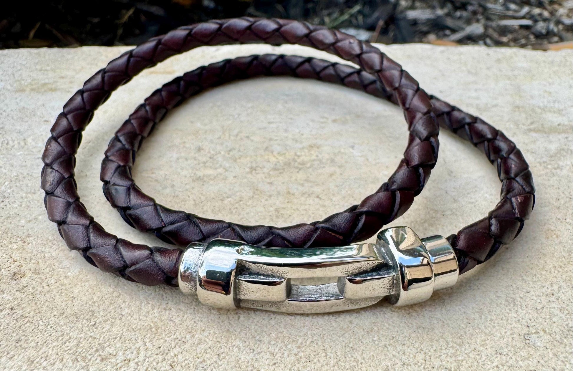 Braided leather bracelet with magnetic closure/ stainless steel shackle double wrap genuine leather bracelet