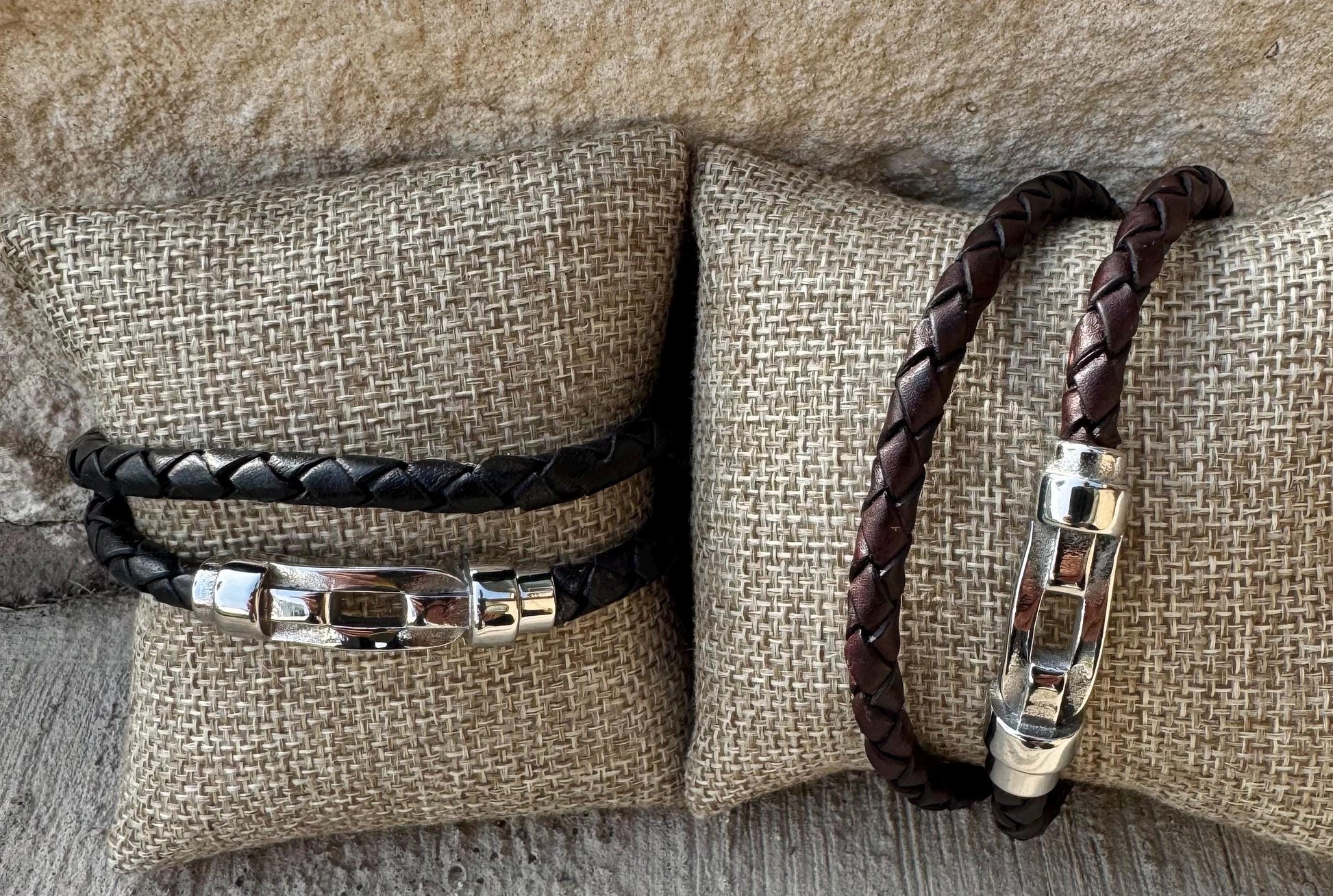 Braided leather bracelet with magnetic closure/ stainless steel shackle double wrap genuine leather bracelet