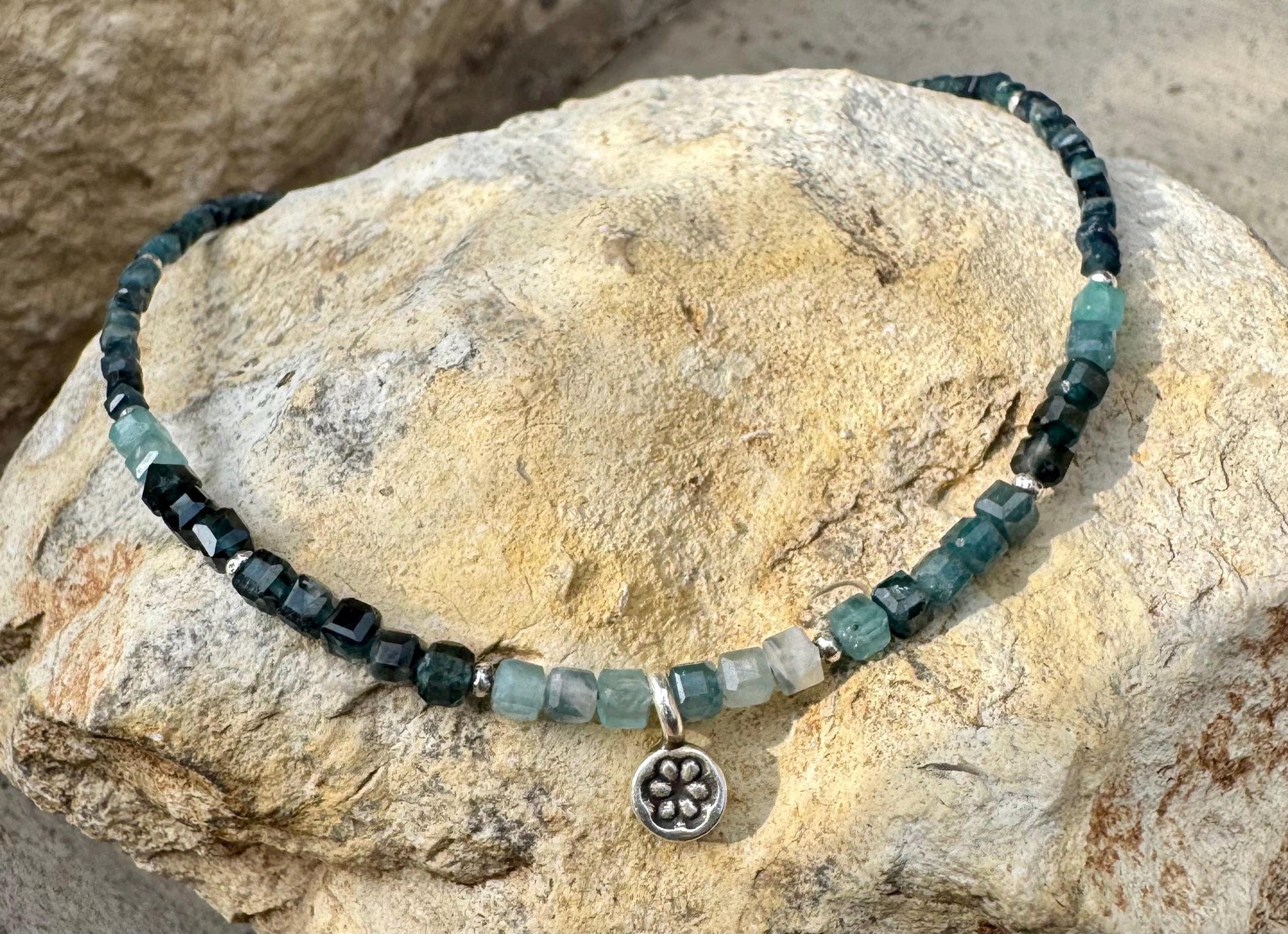 Tourmaline Paraiba Blue Indicolite anklet with flower charm / sterling silver gemstone ankle bracelet