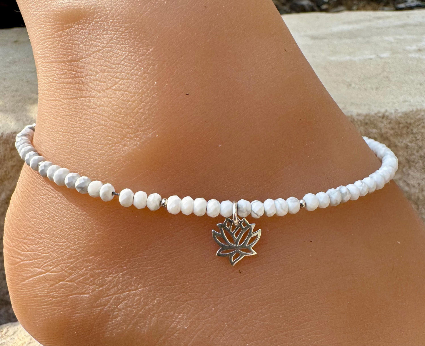White Howlite Anklet with Lotus Flower Charm, Sterling Silver Gemstone Bracelet, Yoga Jewelry, Gift for Her, Nature Jewelry, Summer Anklet