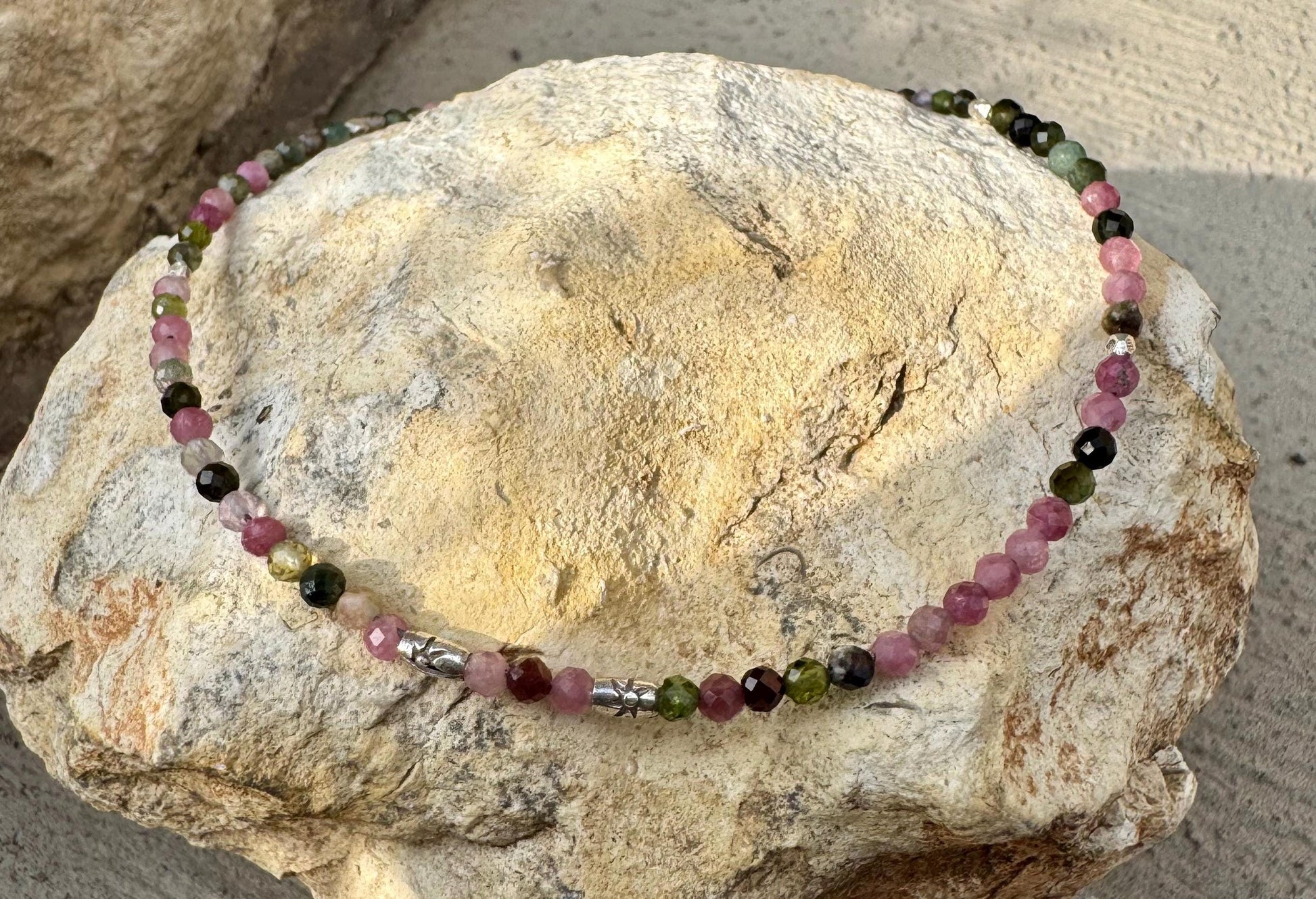 Pink and Green Tourmaline Anklet, Sterling Silver Spacers, Gemstone Ankle Bracelet, Women's Jewelry, Gift Idea