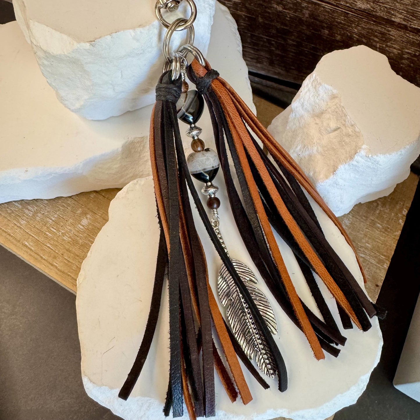 Leather Purse Tassel with Black Tuxedo Agate, Beaded Handbag Tassel, Gemstone Accessory, Unique Purse Charm, Leather Purse Charm