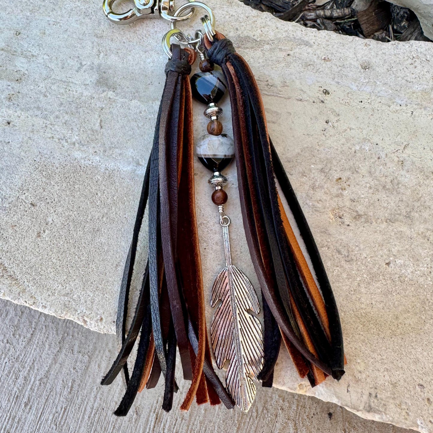 Leather Purse Tassel with Black Tuxedo Agate, Beaded Handbag Tassel, Gemstone Accessory, Unique Purse Charm, Leather Purse Charm
