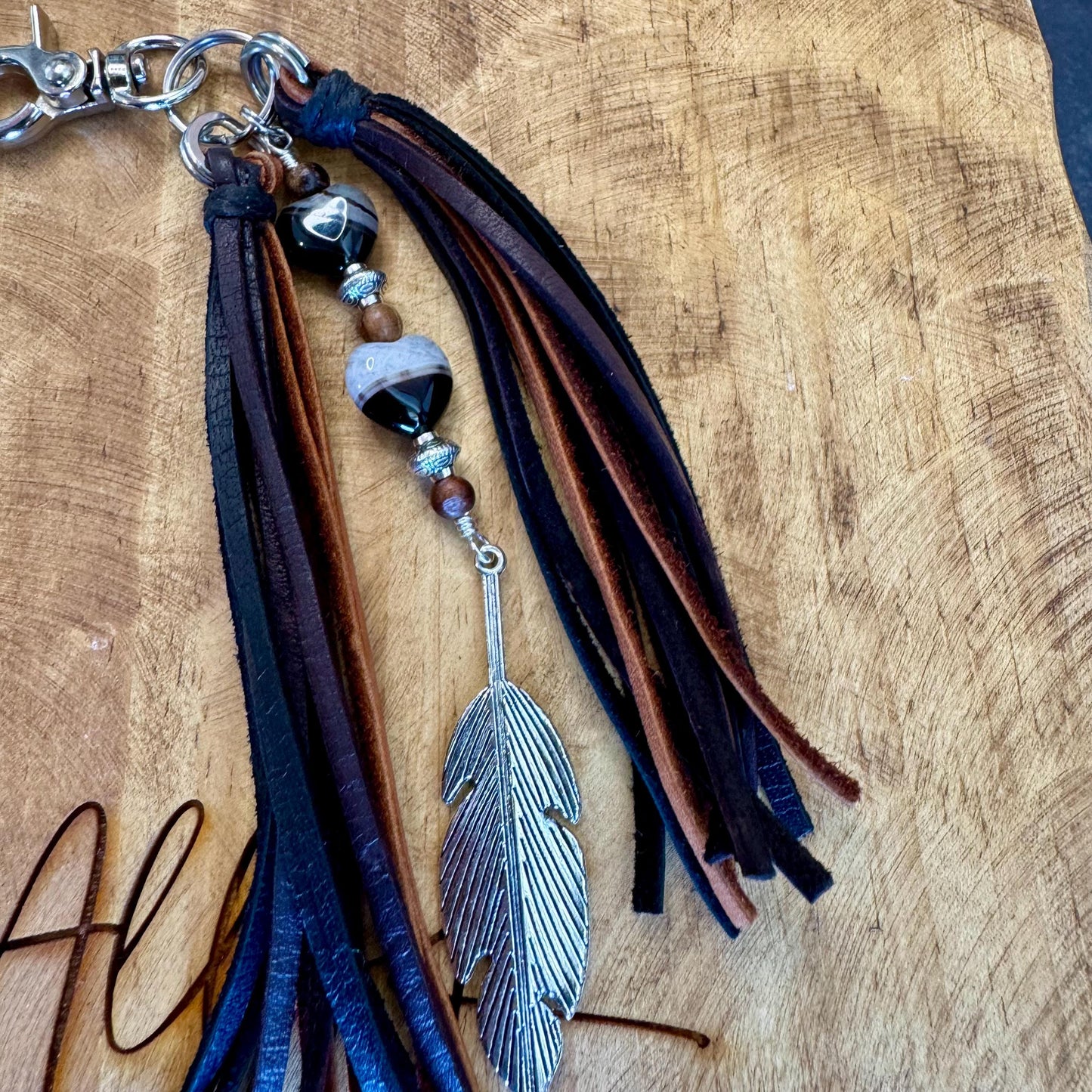 Leather Purse Tassel with Black Tuxedo Agate, Beaded Handbag Tassel, Gemstone Accessory, Unique Purse Charm, Leather Purse Charm
