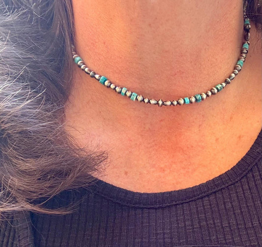 Navajo Pearl Kingman Turquoise Necklace, Authentic Native Made Sterling Necklace, Choker Necklace, Turquoise Jewelry, Southwestern Style