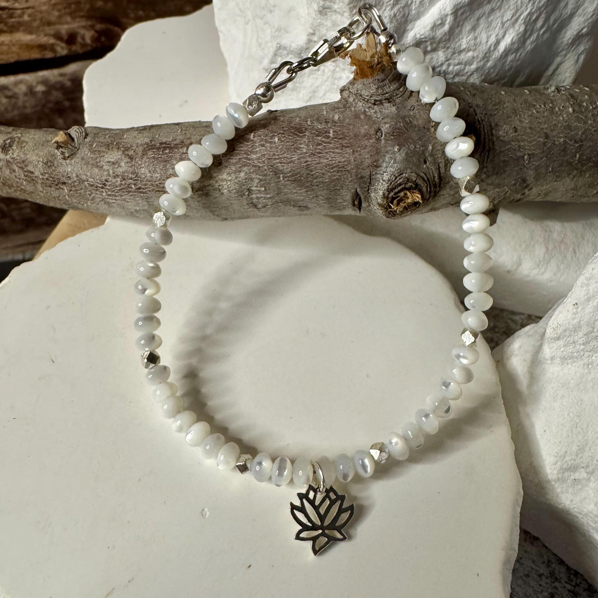 Mother of Pearl bracelet with lotus flower charm/ sterling silver beaded gemstone bracelet