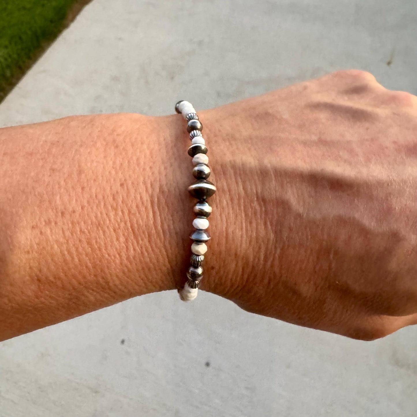 Navajo pearl, white turquoise gemstone bracelet / sterling silver beaded gemstone bracelet