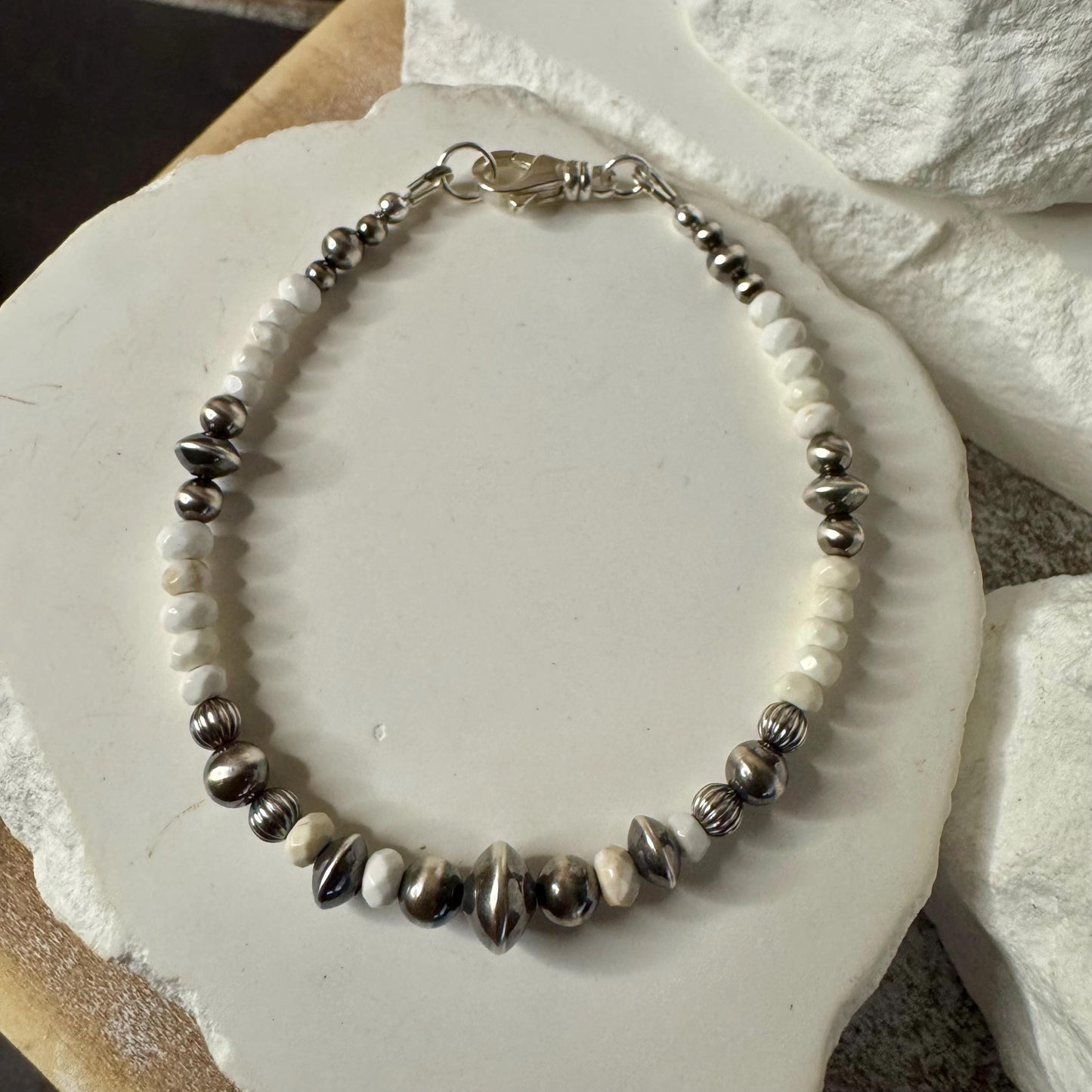 Navajo pearl, white turquoise gemstone bracelet / sterling silver beaded gemstone bracelet
