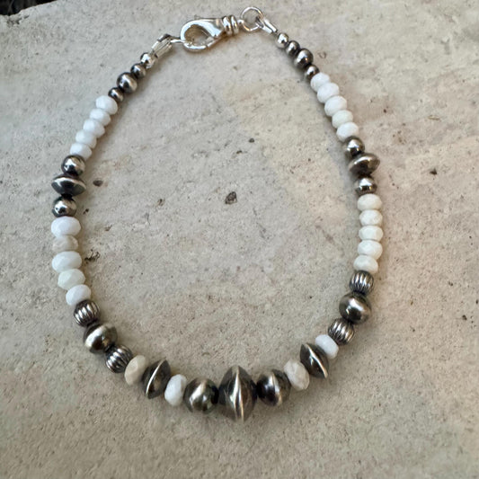 Navajo pearl, white turquoise gemstone bracelet / sterling silver beaded gemstone bracelet