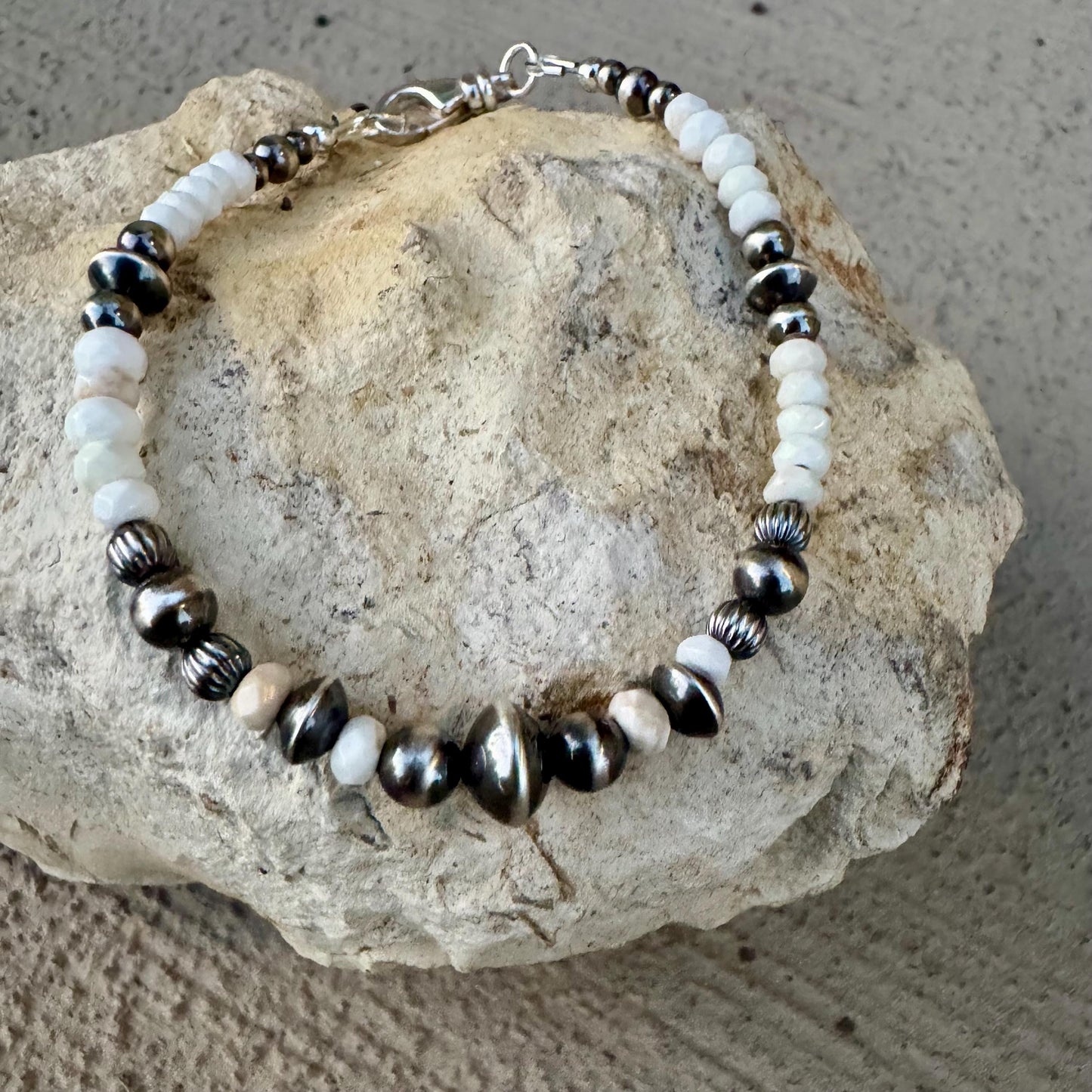 Navajo pearl, white turquoise gemstone bracelet / sterling silver beaded gemstone bracelet