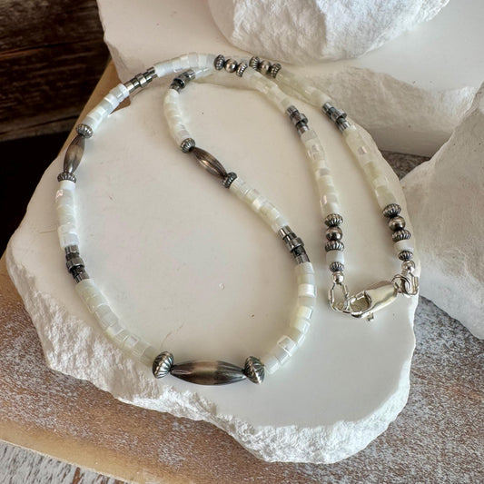 Navajo Pearl and Mother of Pearl with Hematite necklace, Sterling Silver Necklace, Gemstone Beaded Jewelry, Gemstone Beaded Choker