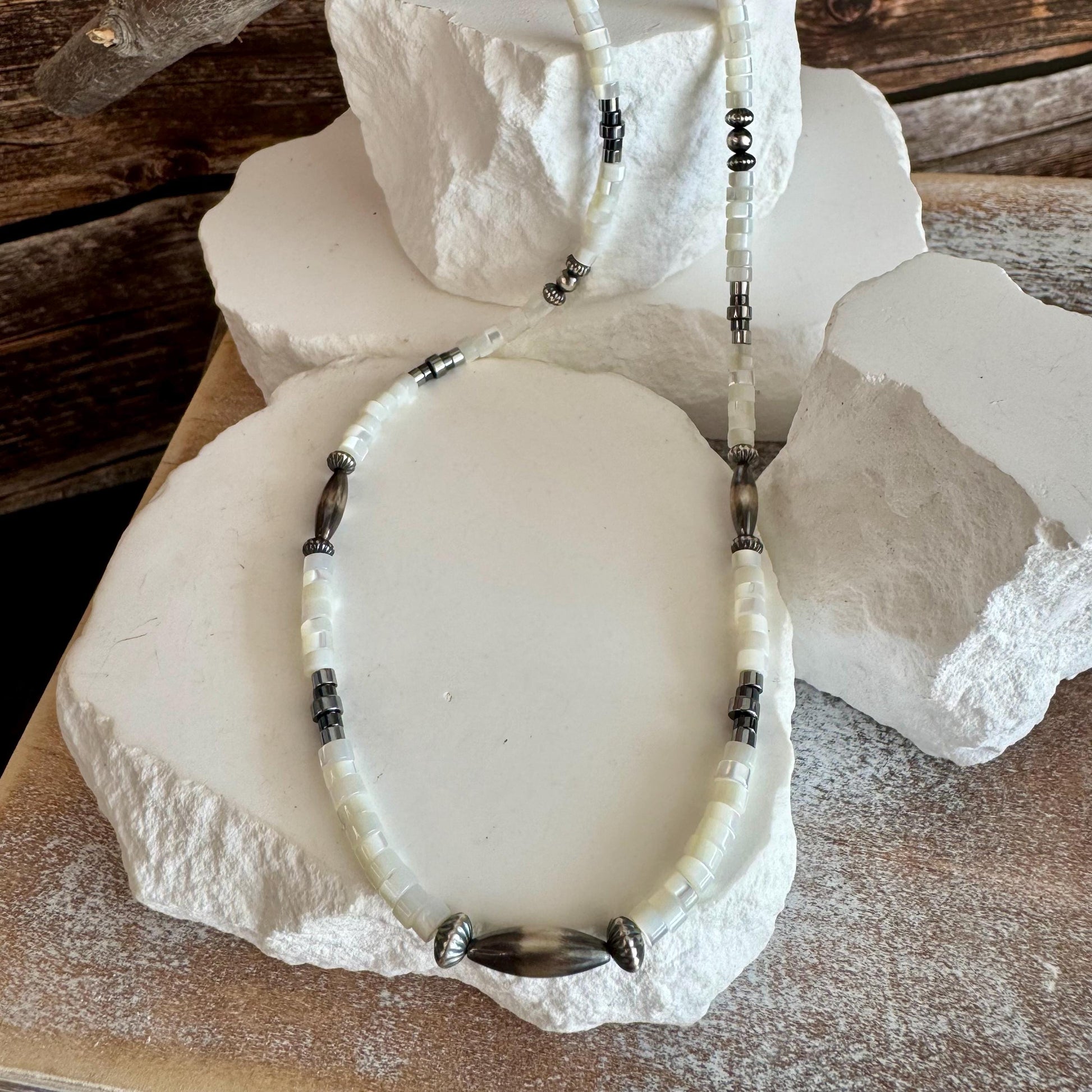 Navajo Pearl and Mother of Pearl with Hematite necklace, Sterling Silver Necklace, Gemstone Beaded Jewelry, Gemstone Beaded Choker
