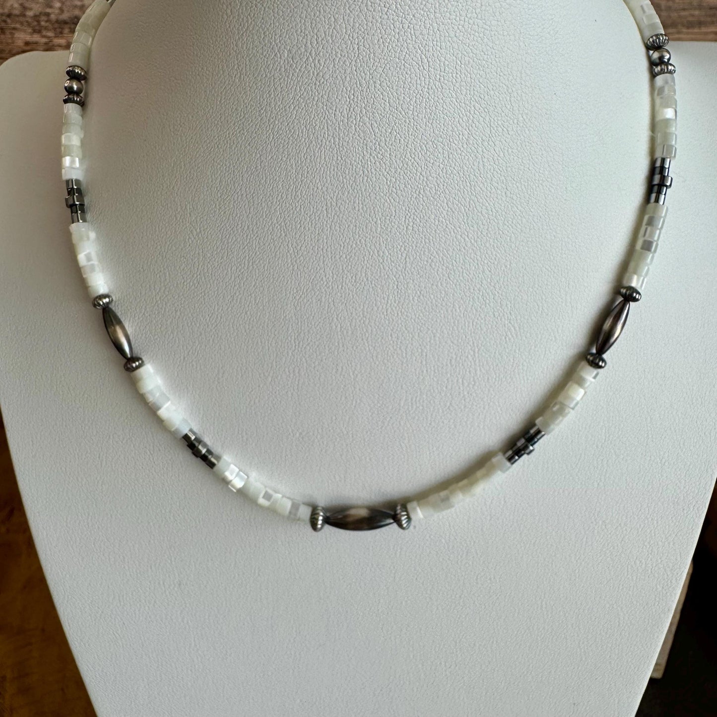 Navajo Pearl and Mother of Pearl with Hematite necklace, Sterling Silver Necklace, Gemstone Beaded Jewelry, Gemstone Beaded Choker