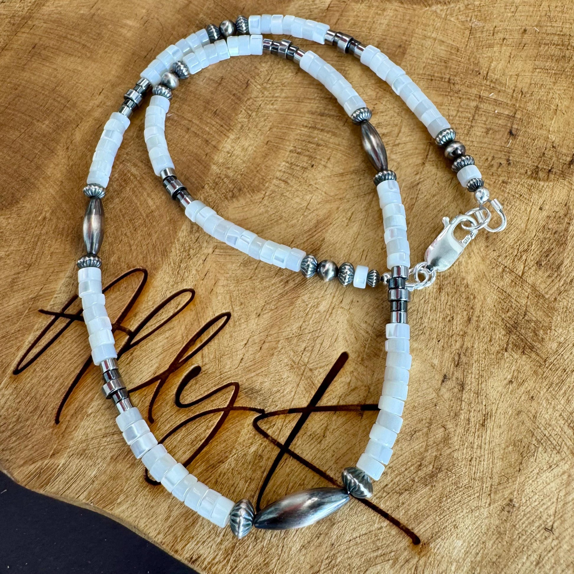 Navajo Pearl and Mother of Pearl with Hematite necklace, Sterling Silver Necklace, Gemstone Beaded Jewelry, Gemstone Beaded Choker