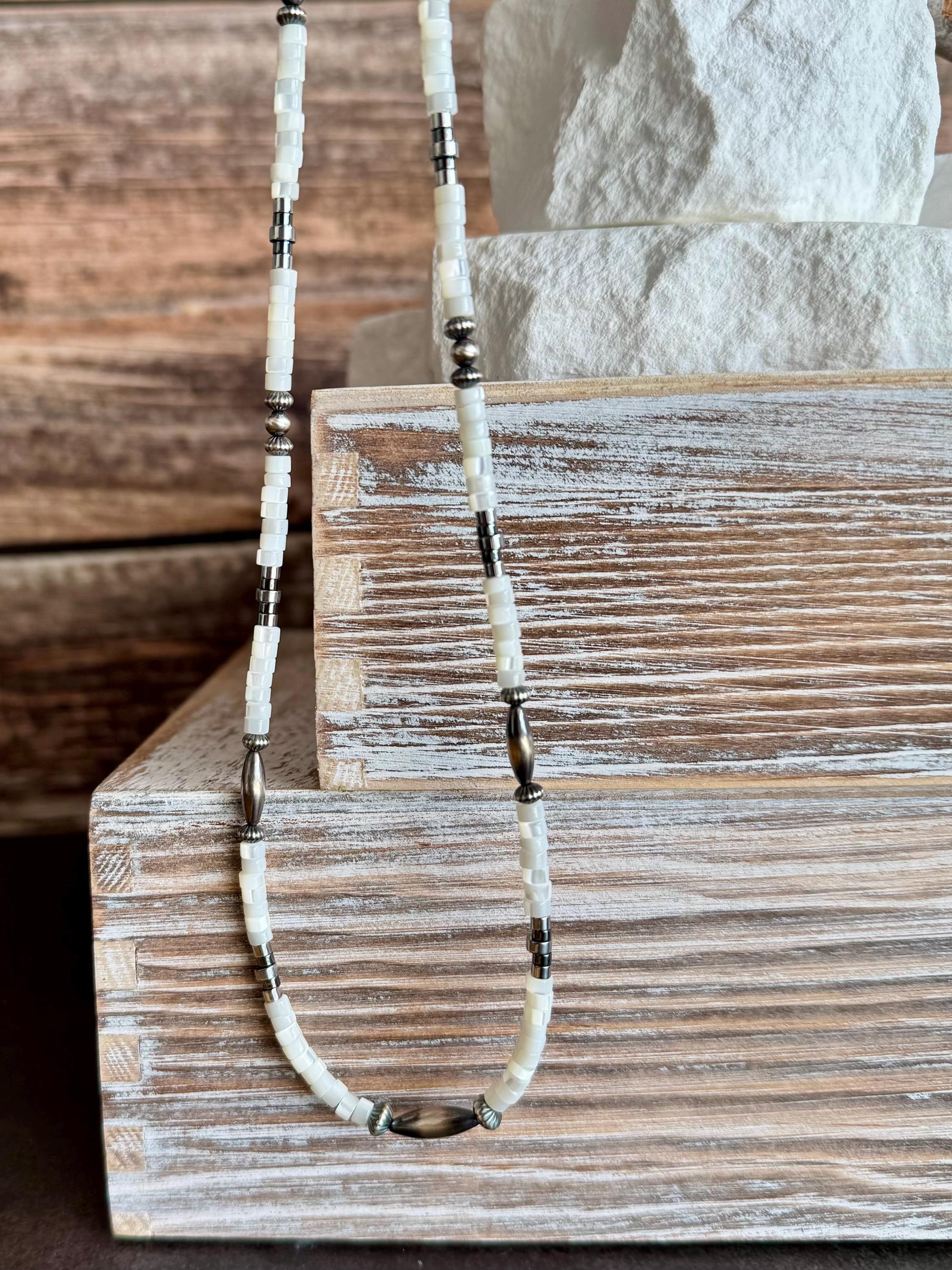 Navajo Pearl and Mother of Pearl with Hematite necklace, Sterling Silver Necklace, Gemstone Beaded Jewelry, Gemstone Beaded Choker