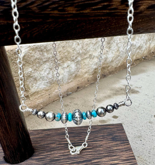 Navajo Pearl Turquoise Bar Necklace, Sterling Silver Chain, Bar Necklace, Authentic Navajo Pearls, Southwestern Jewelry, Western Jewelry