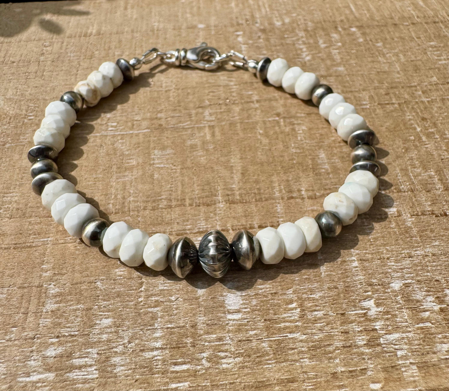 Navajo Pearl with White Turquoise gemstone/ sterling silver beaded bracelet