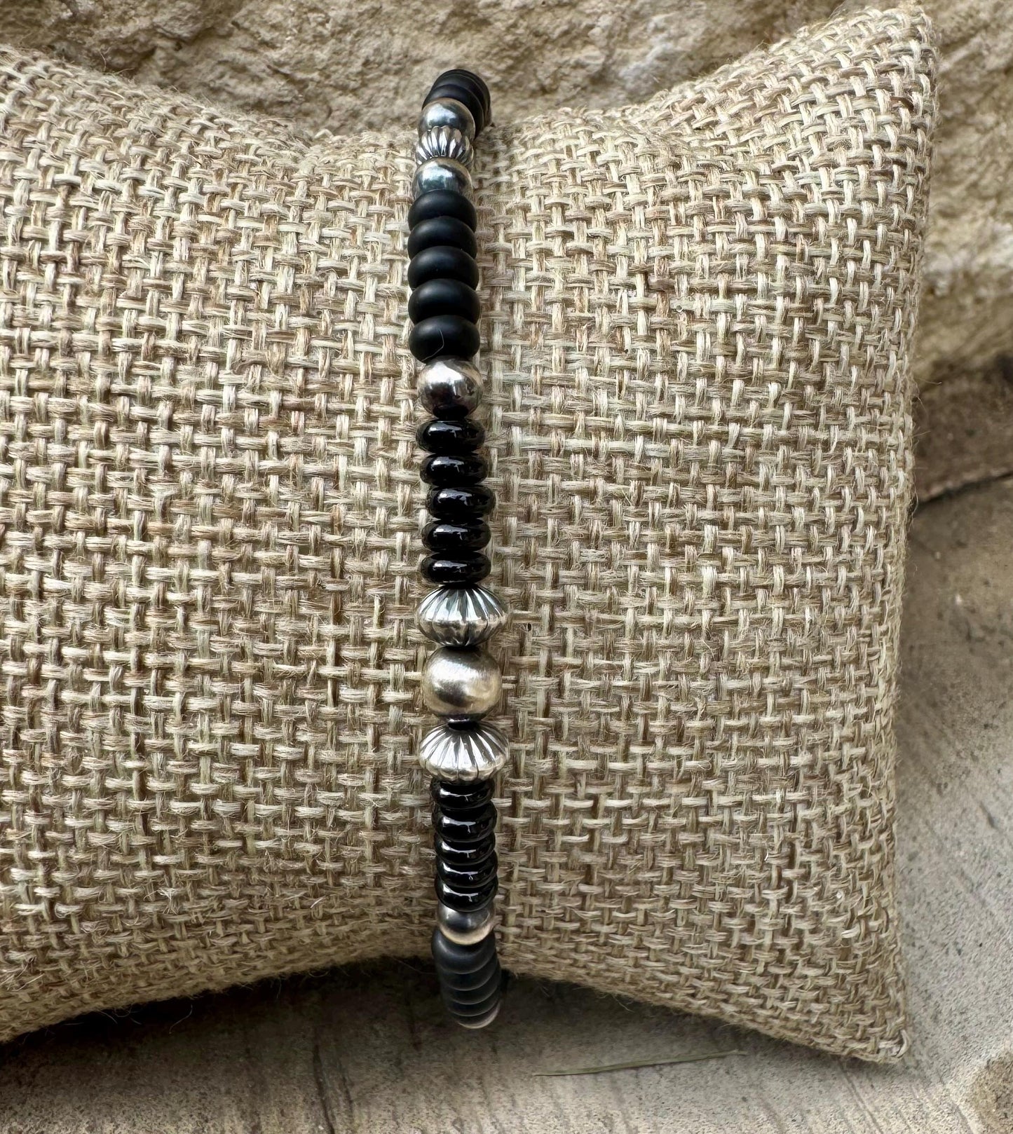 Navajo Pearl Bracelet with Black Onyx / sterling silver beaded gemstone bracelet