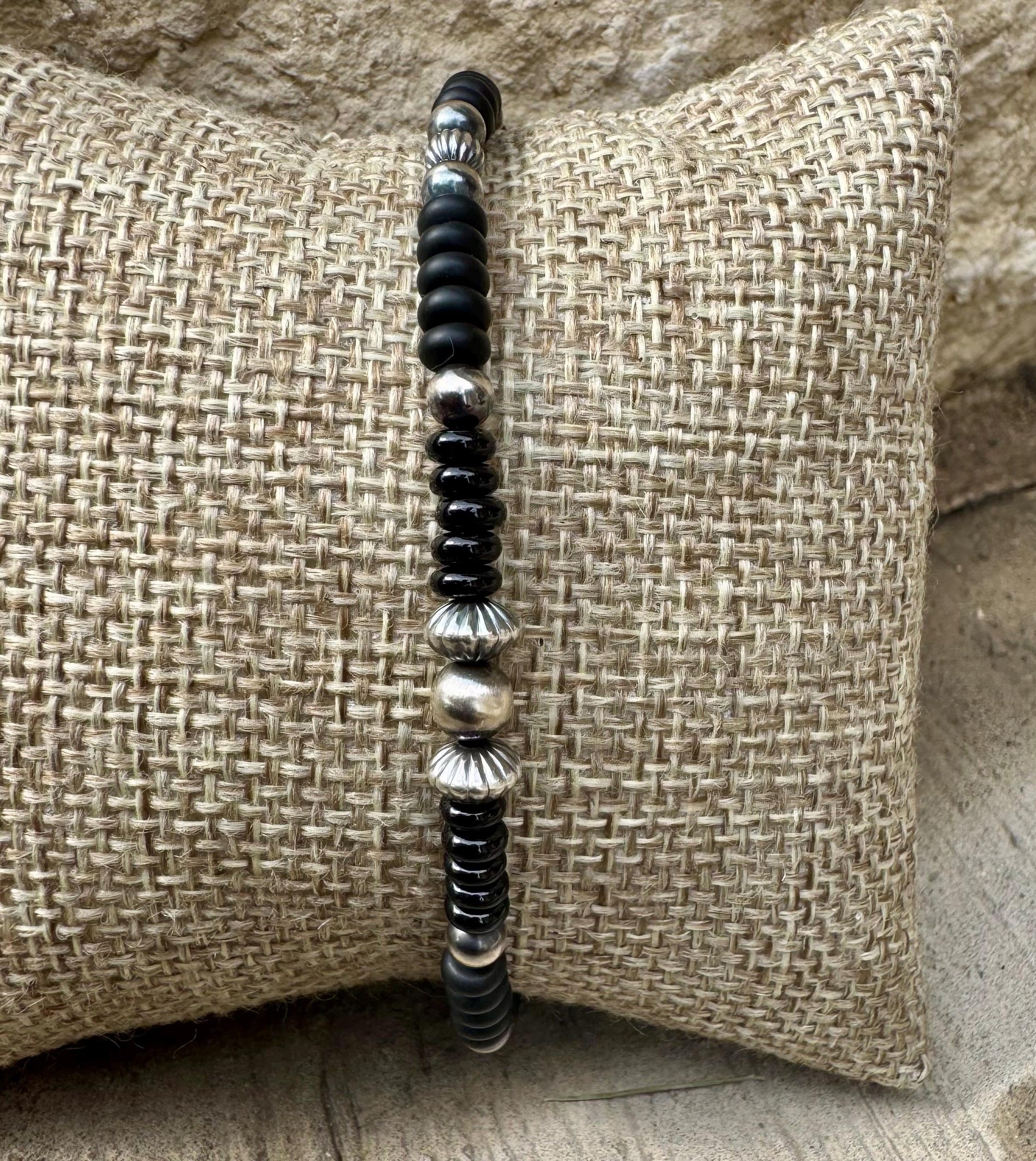 Navajo Pearl Bracelet with Black Onyx / sterling silver beaded gemstone bracelet