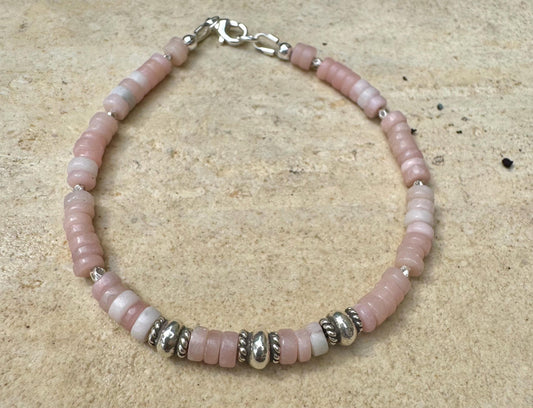 Pink Opal Bracelet, Sterling Silver Bracelet, Beaded Gemstone Bracelet, Opal Jewelry, Gift for Her, Elegant Trendy Accessory, Timeless Style