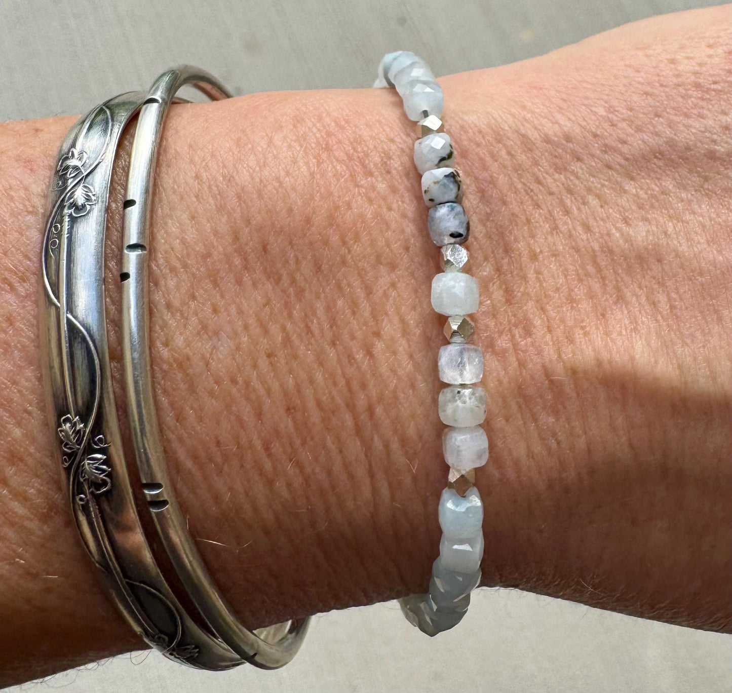 Aquamarine Lapis Moonstone with Rainbow Moonstone bracelet / sterling silver beaded gemstone bracelet
