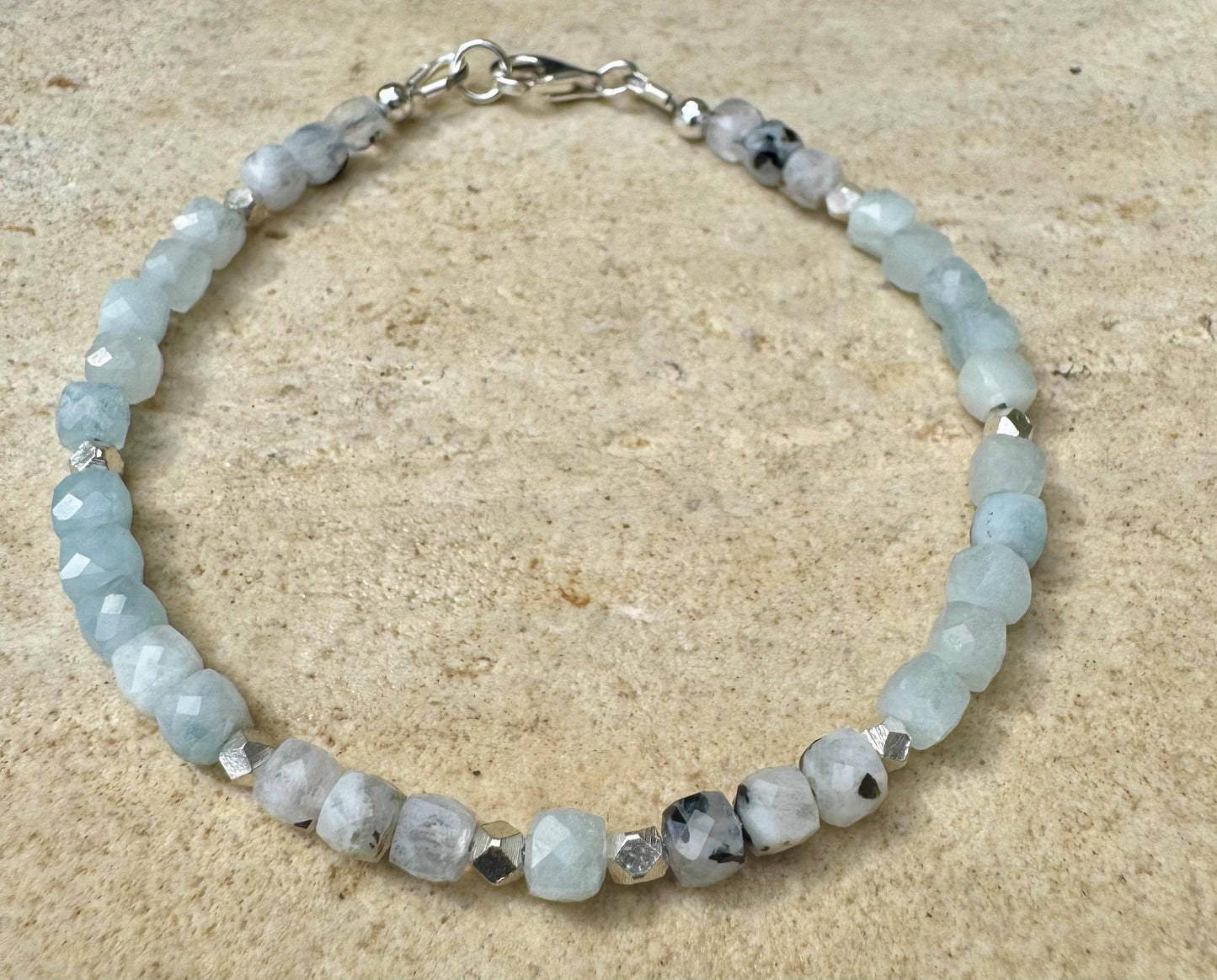 Aquamarine Lapis Moonstone with Rainbow Moonstone bracelet / sterling silver beaded gemstone bracelet