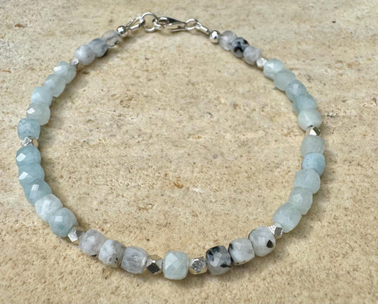 Aquamarine Lapis Moonstone with Rainbow Moonstone bracelet / sterling silver beaded gemstone bracelet