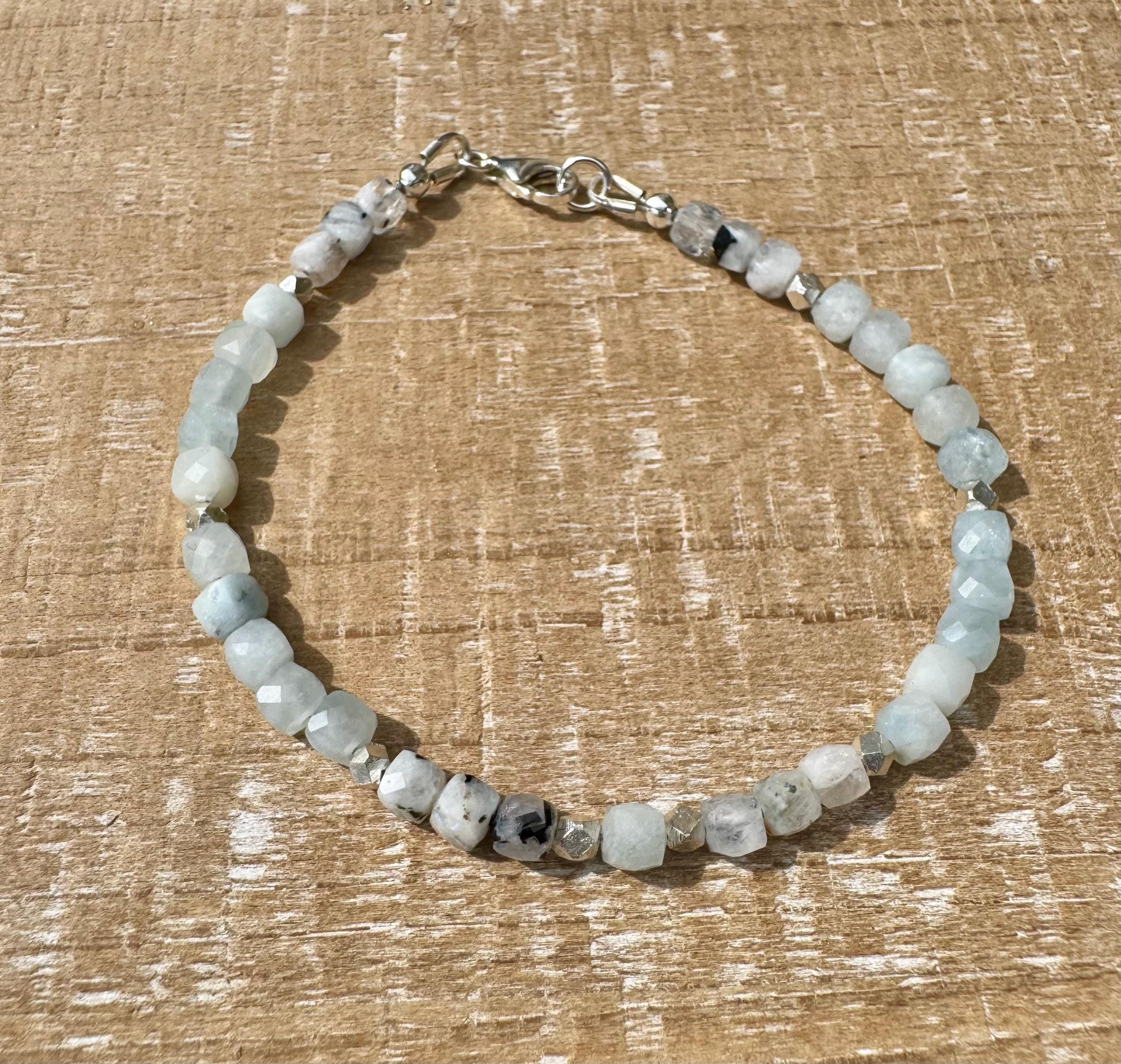 Aquamarine Lapis Moonstone with Rainbow Moonstone bracelet / sterling silver beaded gemstone bracelet