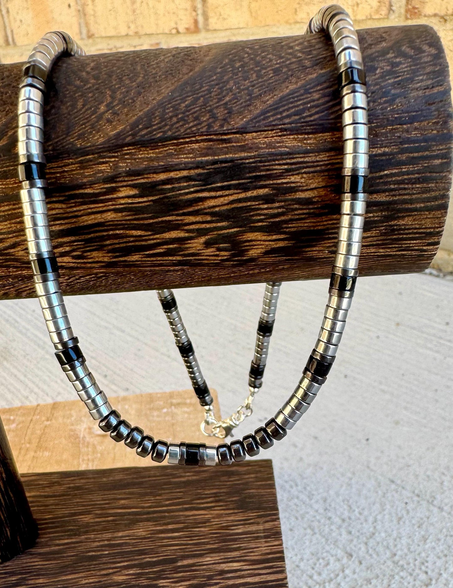 Hematite and Black Onyx gemstone necklace / sterling silver gemstone beaded necklace