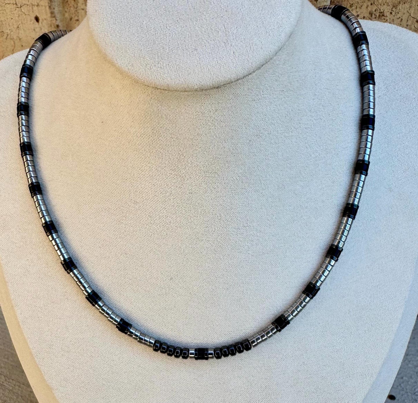Hematite and Black Onyx gemstone necklace / sterling silver gemstone beaded necklace