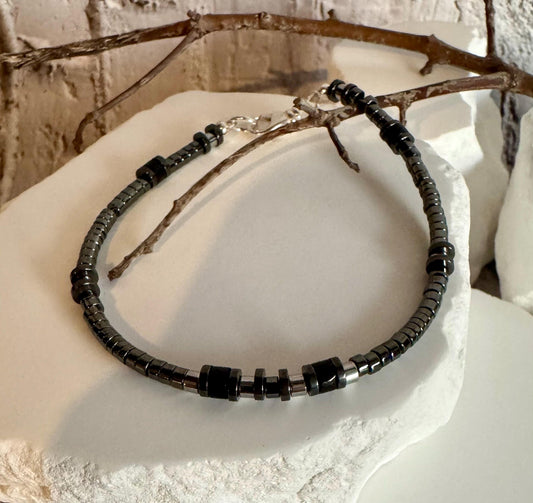 Hematite and Black Onyx Bracelet, Sterling Silver Beaded Bracelet, Gemstone Jewelry, Men's Bracelet, Gift for Him