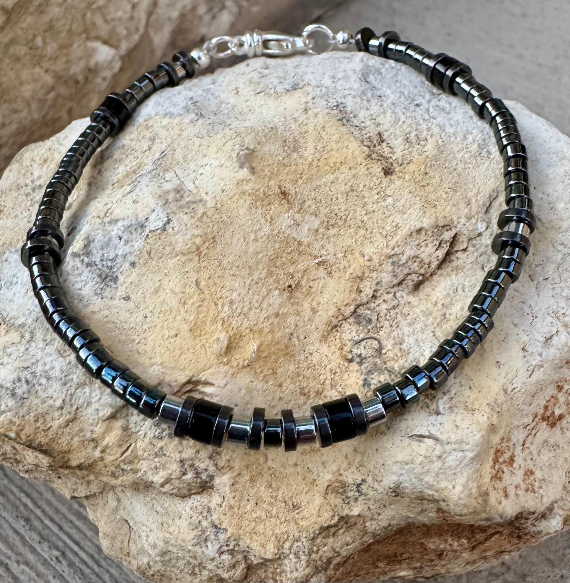 Hematite and Black Onyx Bracelet, Sterling Silver Beaded Bracelet, Gemstone Jewelry, Men's Bracelet, Gift for Him