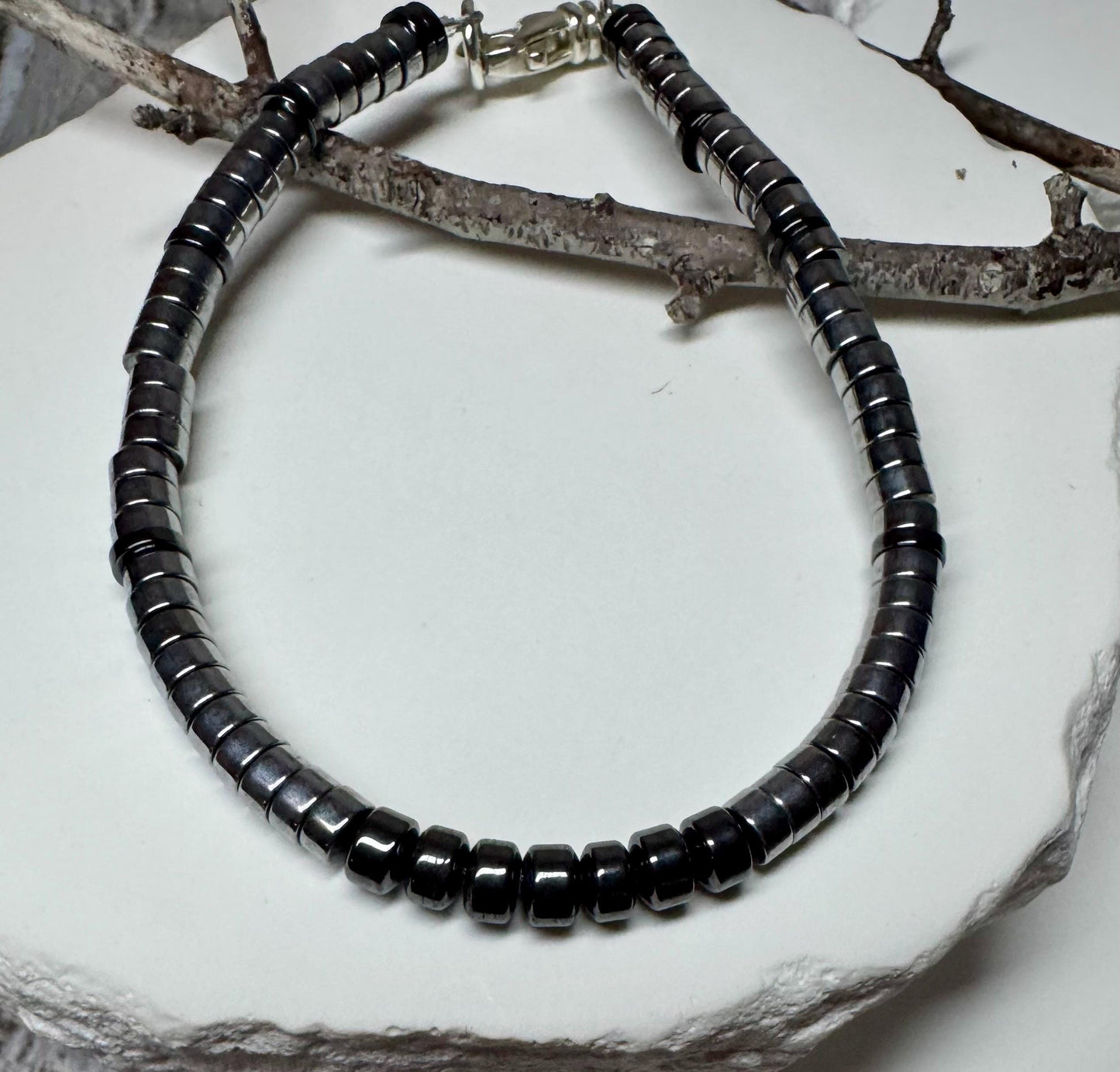 Hematite Sterling Silver Gemstone Bracelet, Hematite Beaded Bracelet, Silver Bracelet, Gemstone Jewelry, Gift Idea