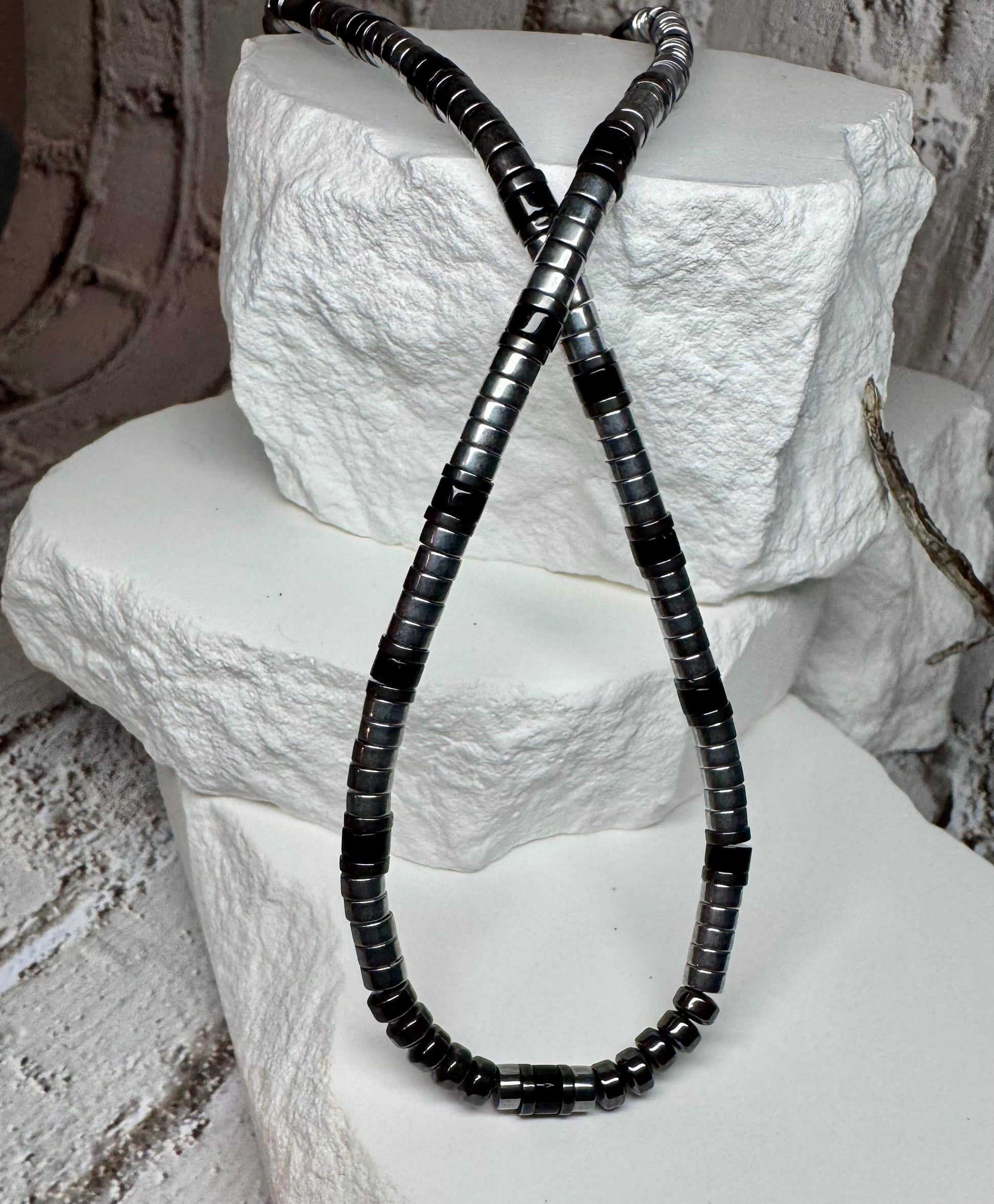 Hematite and Black Onyx gemstone necklace / sterling silver gemstone beaded necklace