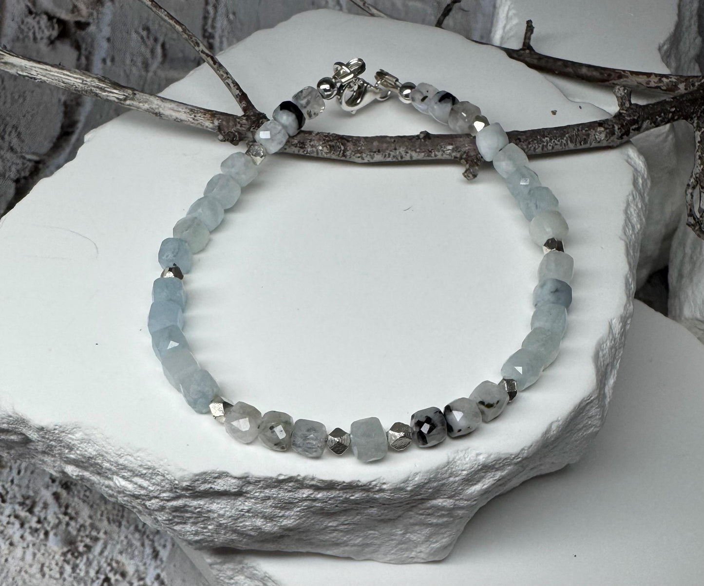 Aquamarine Lapis Moonstone with Rainbow Moonstone bracelet / sterling silver beaded gemstone bracelet