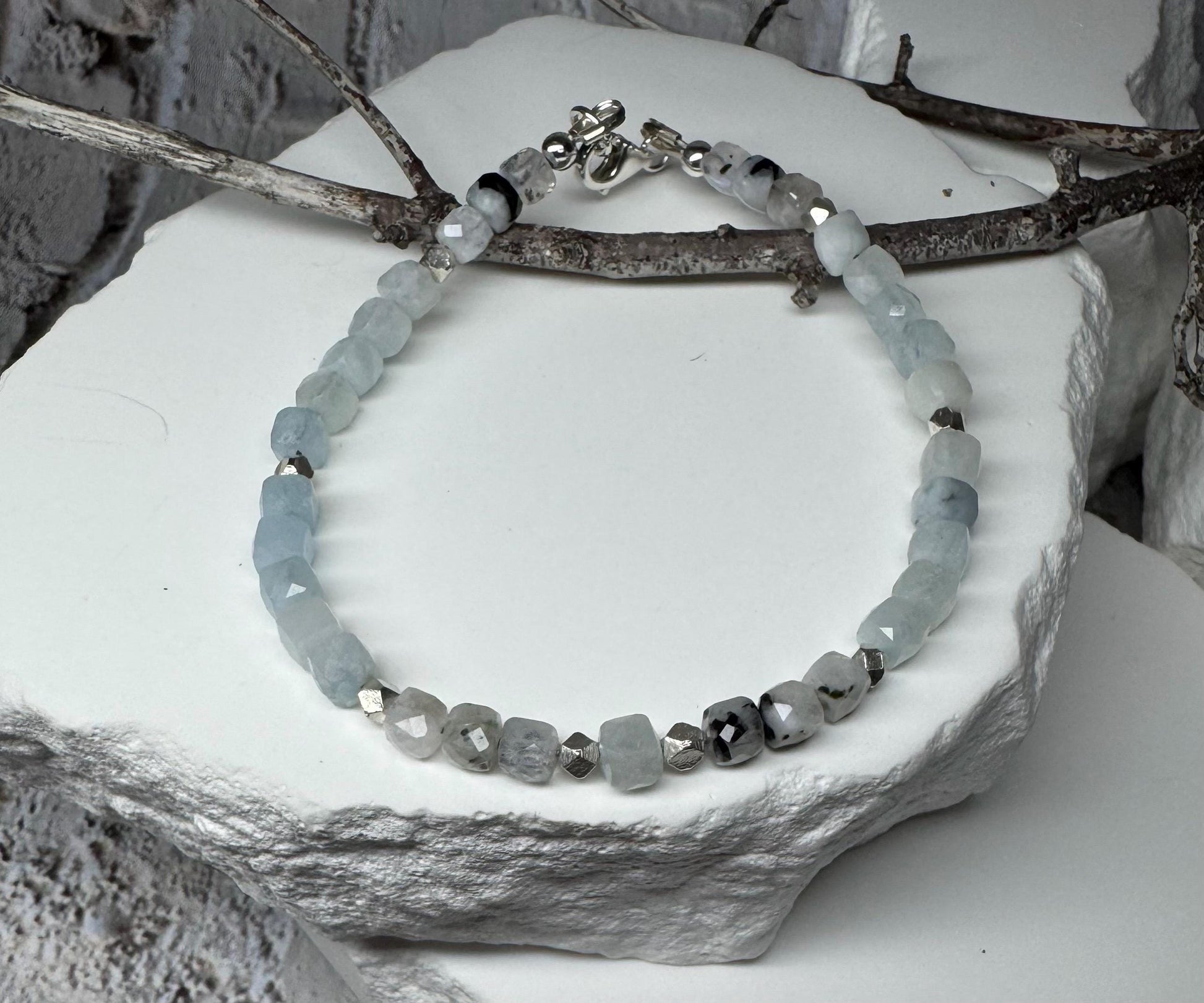 Aquamarine Lapis Moonstone with Rainbow Moonstone bracelet / sterling silver beaded gemstone bracelet