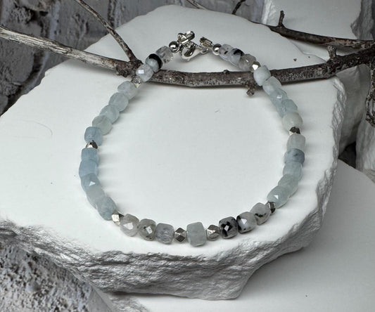 Aquamarine Lapis Moonstone with Rainbow Moonstone bracelet / sterling silver beaded gemstone bracelet